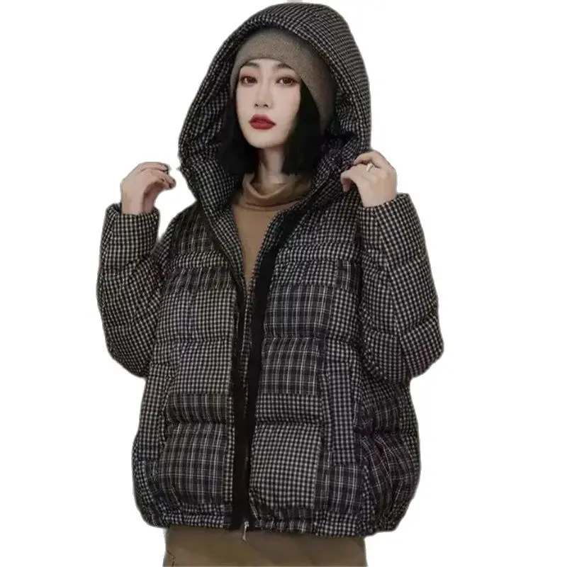 

Winter Plaid Down Cotton Jacket Women 2023 New Loose Hooded Stand-Up Collar Coat Fashion Pocket Outerwear Parka Overcoat Female