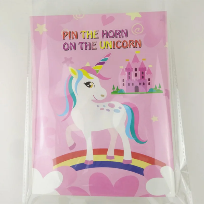 Suministros de decoración de fiesta de unicornio para niños, juego de Pin de unicornio de dibujos animados, póster de unicornio de 1 piezas, 12 cuernos de unicornio y 1 venda para los ojos