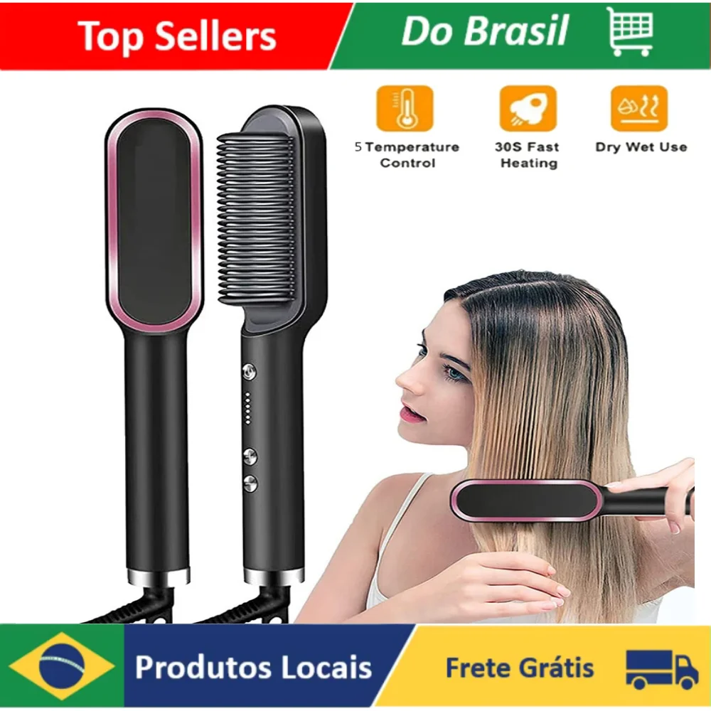 2-in-1 Electric Hair Styling Tool Anti Scald Flat Iron Hot Comb Dual-Use Straightener Curling Iron Brush for Straight/Curly Hair