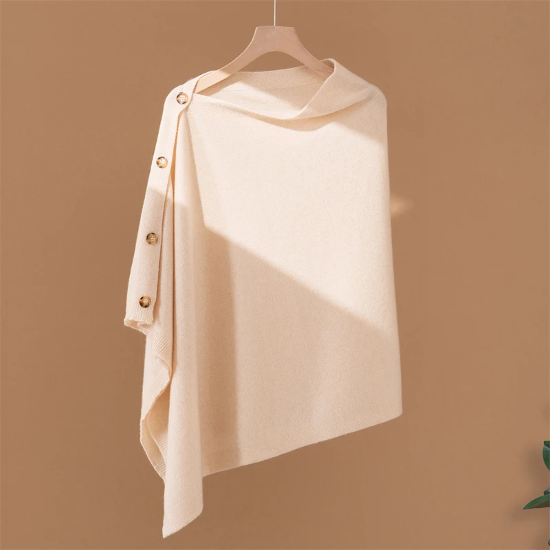 KOIJINSKY 35% Cashmere Button Decor Knitted Poncho Shawl 70×60cm, Multi‑Way Wear Solid Cape Wrap, Elegant Shoulder Cover For Wom