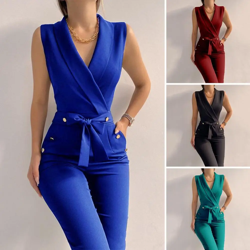 

1Pc Formal Business Style Women Jumpsuit Wide Leg V-neck Slim Fit Jumpsuit with Button Elegant Soft Lace-up Jumpsuit for Women