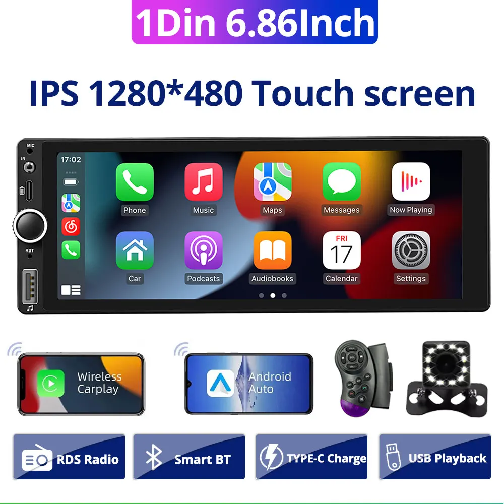 

1Din Car Radio Bluetooth Wireless Carplay Android Auto 6.86Inch MP5 Car Multimedia Player FM Radio Receiver USB TYPE-C Charging