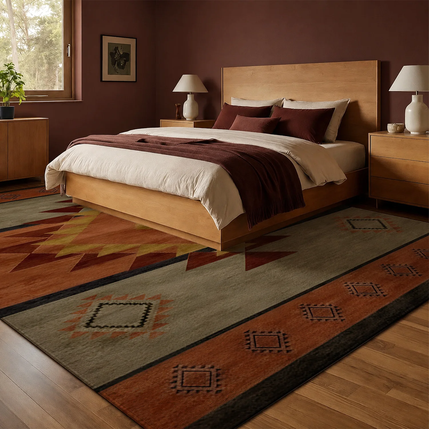 Large Indoor Area Rug, Soft Velvet Low Pile Floor Rug with Non-Slip Dotted Backing, Machine Washable Southwestern Tribal Geometric Pattern Area Rug for Living Room Bedroom Home Decoration
