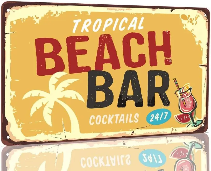 Tropical Beach Bar Open 24 Metal Sign Beach Swimming Pool Poster Metal Wall Decor Gift for Home,Pool House,Beach House,Pool Pati