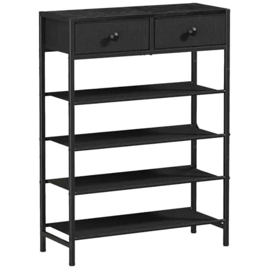 

Shoe Rack 5 Tier Shoe Organizer with 2 Drawers Metal Shoe Storage for 16-20 Pairs of Shoes with Fabric Shelves and Wooden Top N