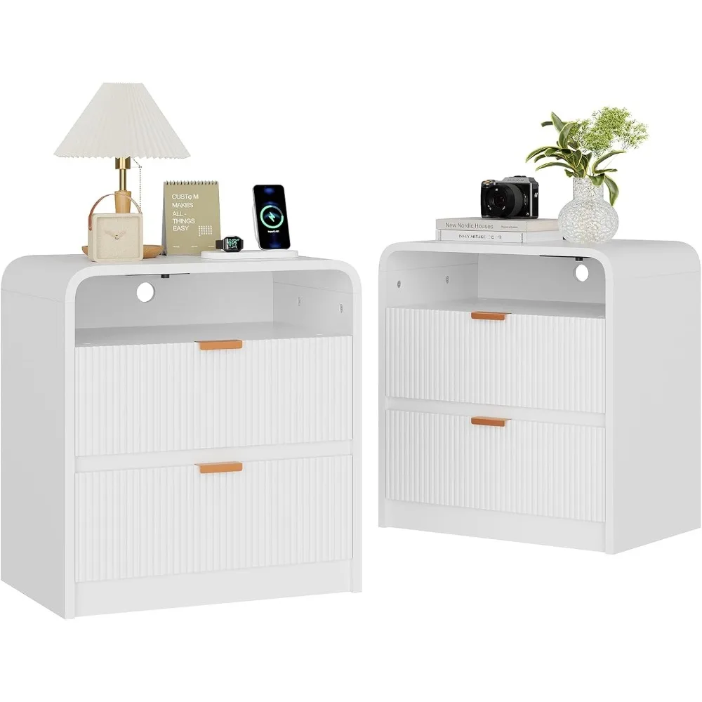 

24-дюймовая рифленая тумбочка из 2 штук с зарядной станцией, деревянный торцевой столик с 2 ящиками для хранения, дизайн изогнутого профиля, современная кровать