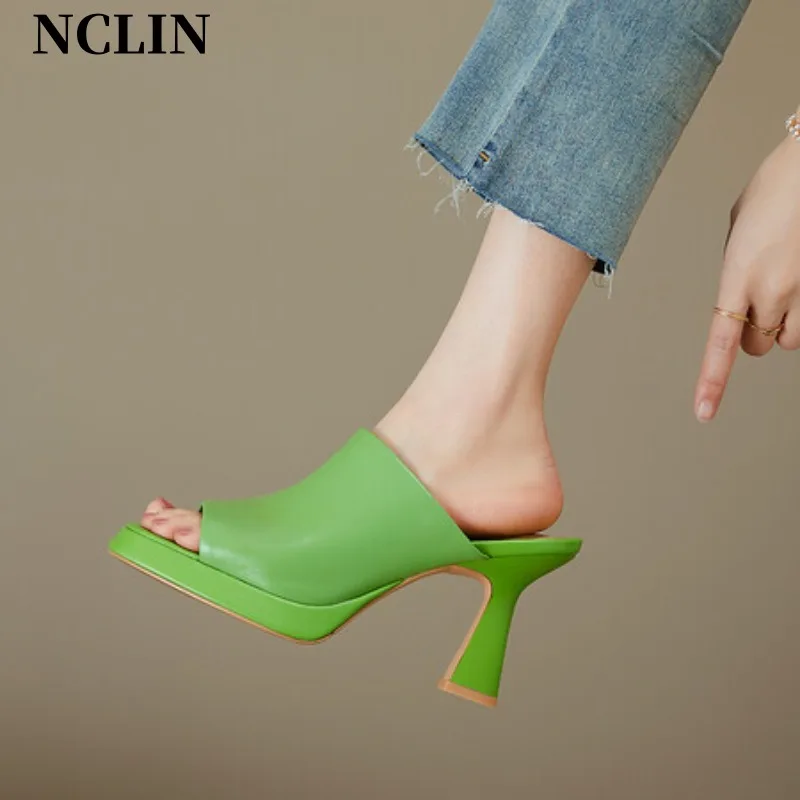 2024 Summer Women Genuine Leather Slippers Square Toe Chunky Heel Solid Sandals High Heels Sandals Shoes For Women Handmade