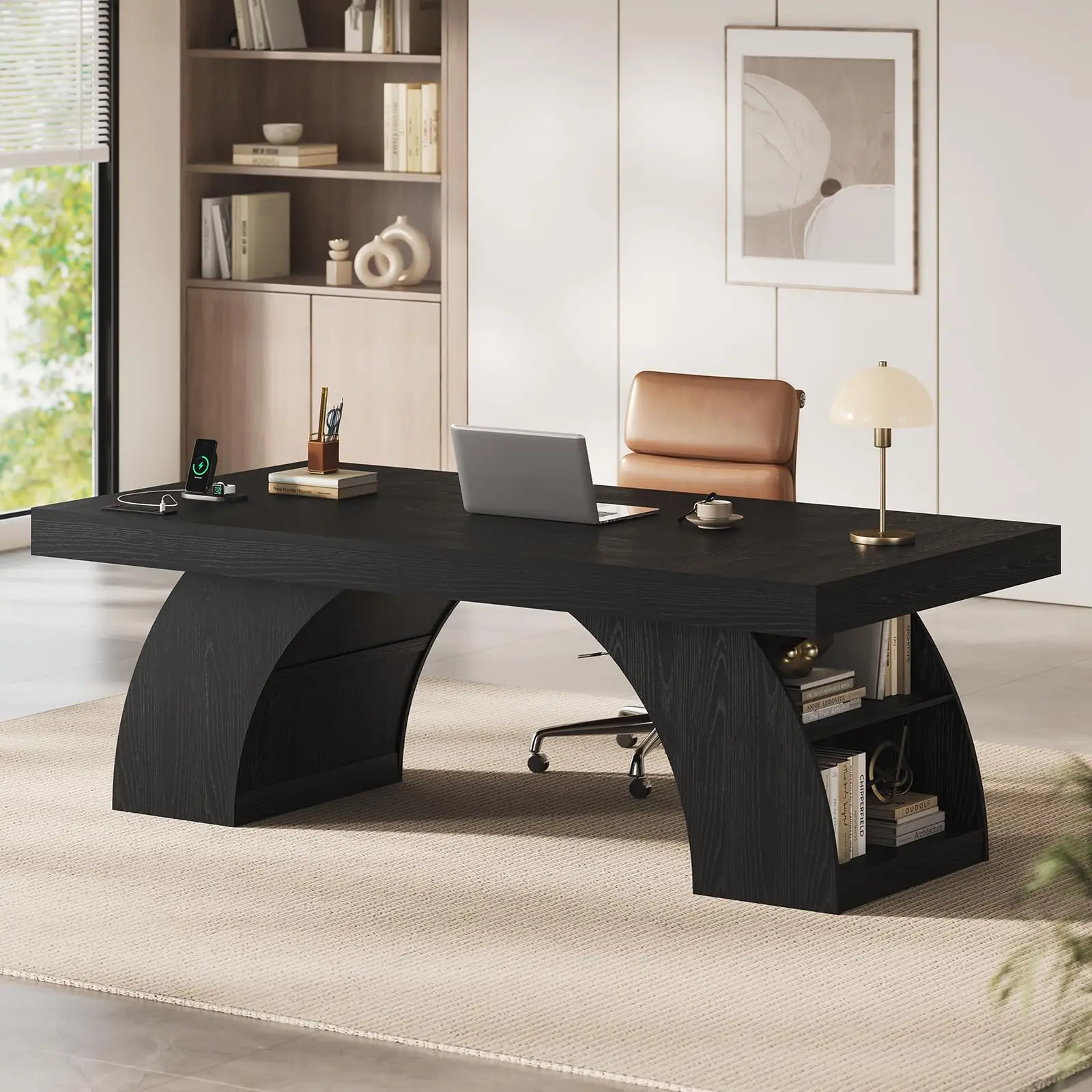 70.9 Inch Executive Desk, Large Office Desk with Power Outlet & Storage Shelves, Modern Aesthetic Computer Desks Wood