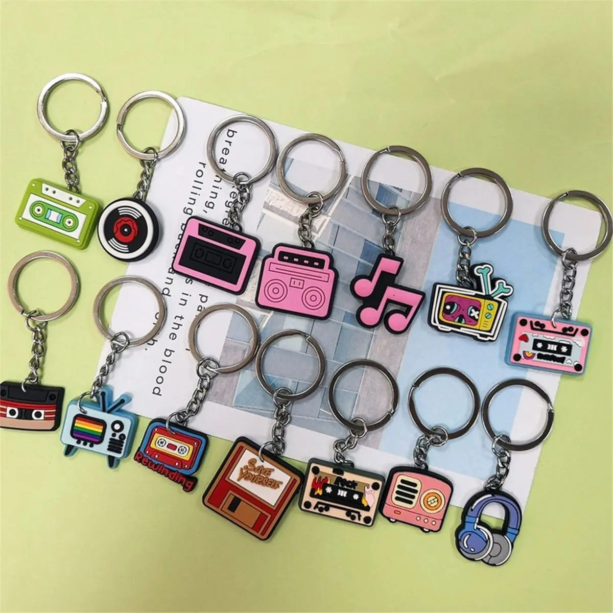 PHONE&GEAR 20pcs Retro Music Themed Keychains for Backpack Accessories, Cassette Tape, CD, Microphone & Rock Charms for Party F