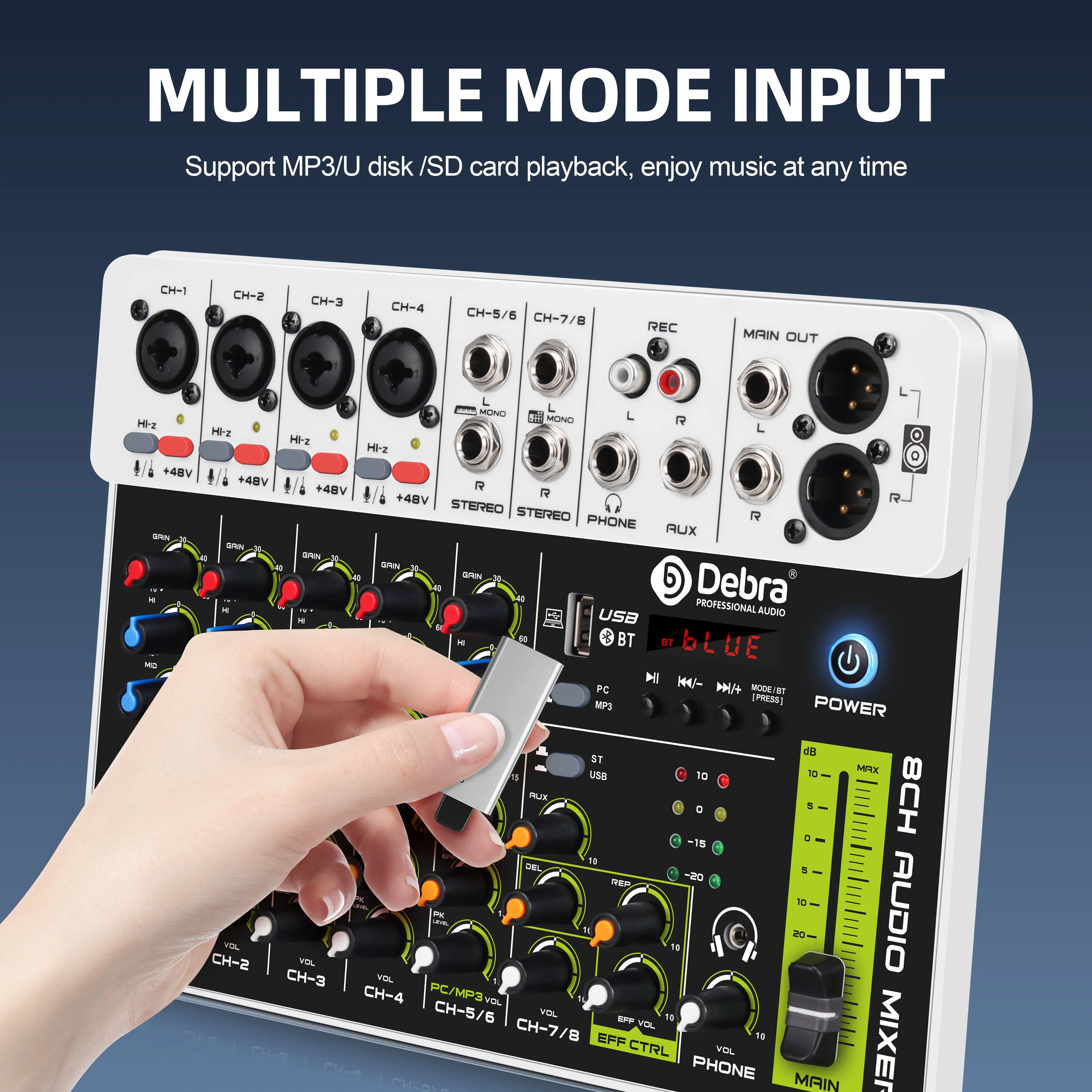 Debra V4/V8 Audio Interface Mixer met Bluetooth 5.0 USB 48V Fantoomvoeding DJ Mixer voor PC Opname Vertraging Replay Effecten