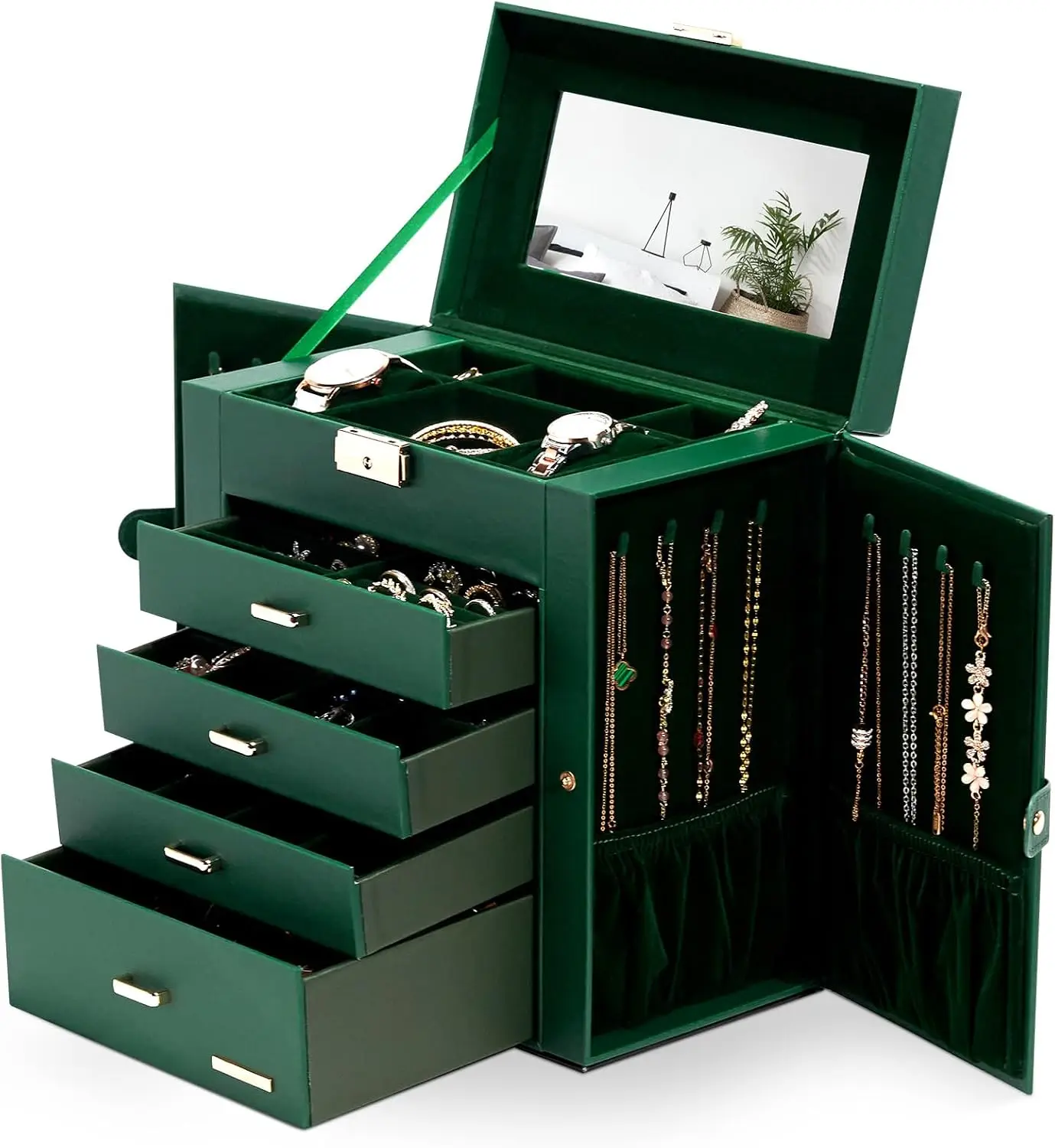 Synthetic Leather Huge Jewelry Box Mirrored Watch Organizer Necklace Ring Earring Storage Lockable Gift Case