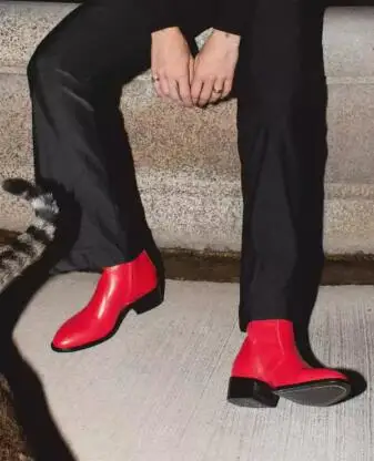 

New Fashion Man Red Solid Matte Genuine Leather Pointed Toe Zipper Side Chelsea Short Boots Male Party Ankle Boots Shoes Male