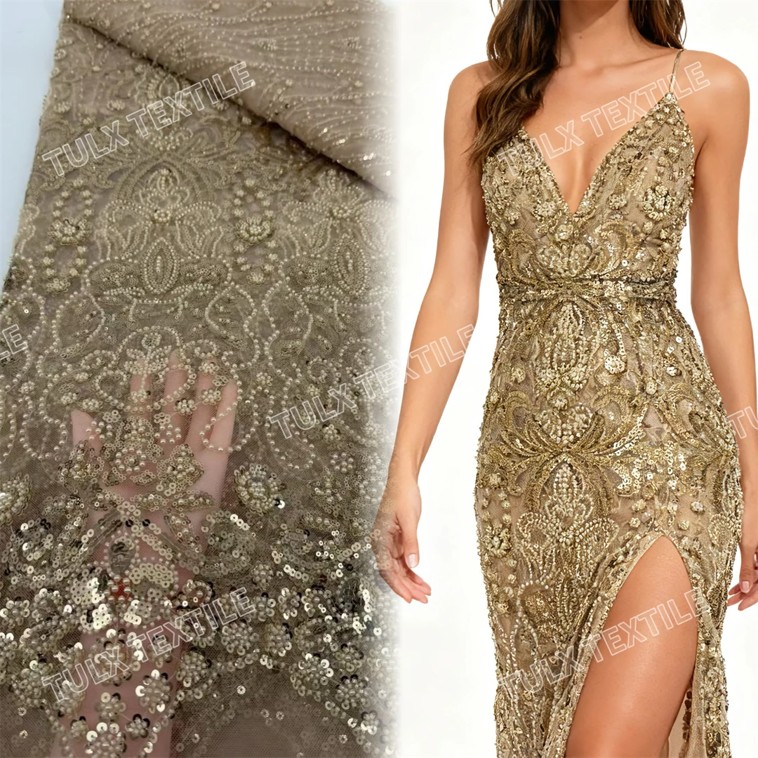 

Золотая африканская кружевная ткань 2026, высококачественная французская роскошная тюлевая кружевная ткань с бисером, нигерийская сетка с блестками, кружевная ткань для свадебного платья