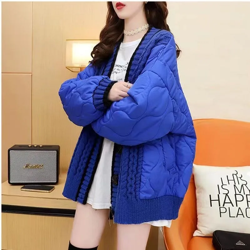 Cardigã feminino de malha azul emendado, jaqueta de algodão solta, casacos femininos, parkas de outono e inverno, casaco preguiçoso, costura, novo,