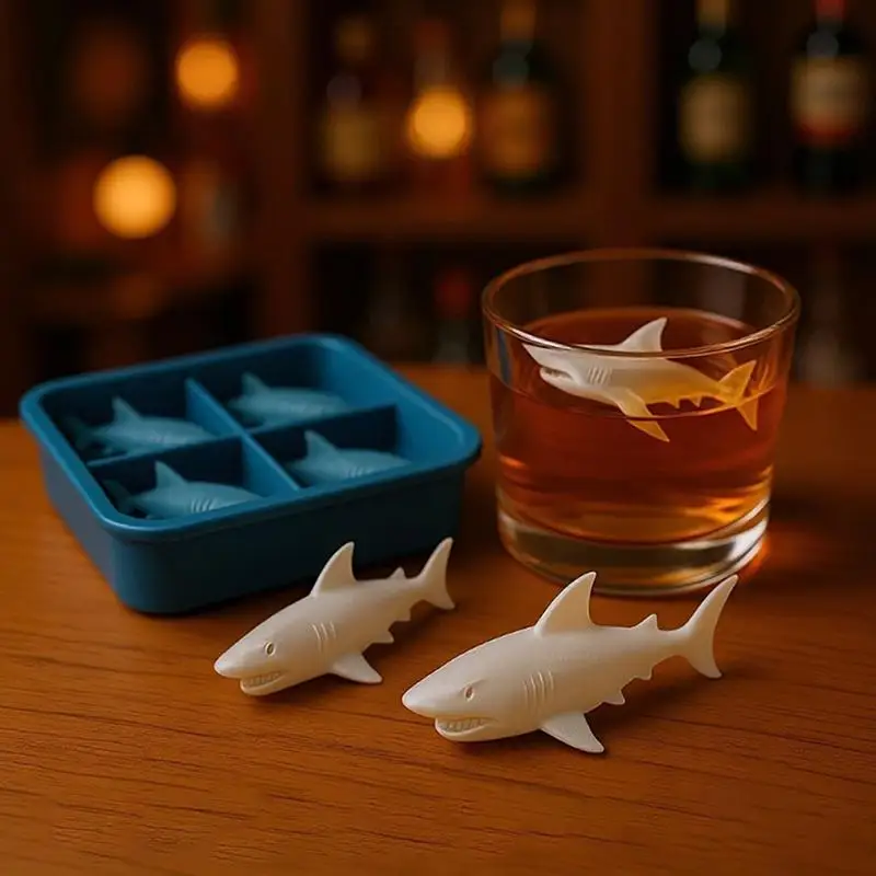 Molde de hielo con forma de tiburón, color azul, bandeja de silicona para cubitos de hielo con forma de animales, 4 cavidades, para bebidas de whisky y fiestas