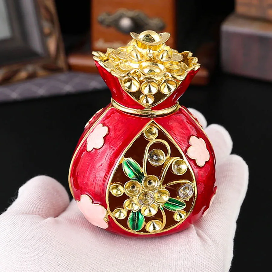 Chinese style Small Lucky Bag Shape Ring Jewelry Box Hand-Painted Enamel Red Trinket Storage Organizer Box Unique Gift for Deco