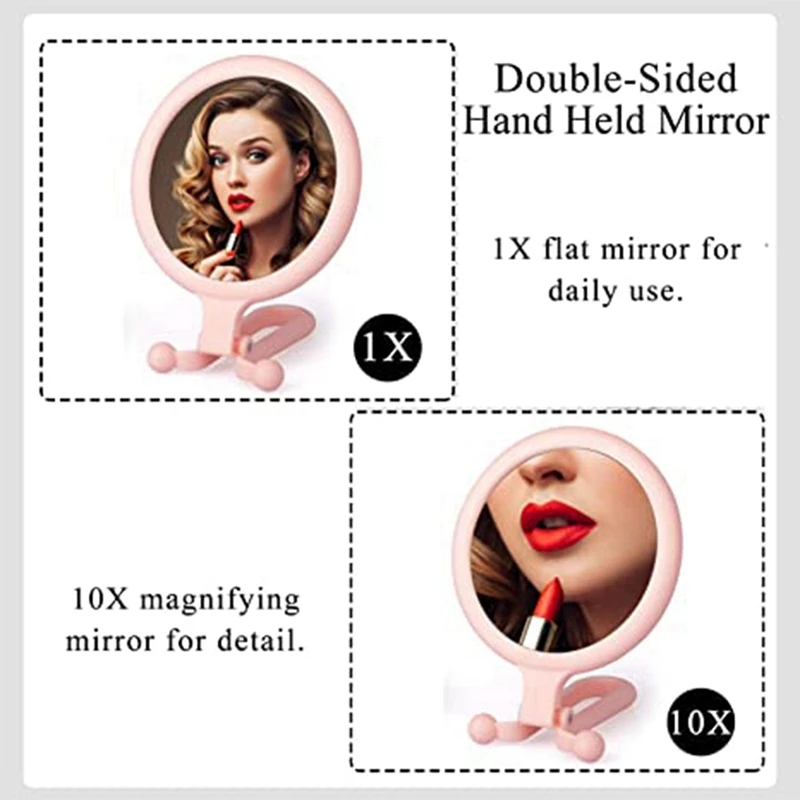 10X Handheld Magnifier, Double Sided Folding Makeup Mirror, Portable Handheld Mirror With Adjustable Handle(Pink)