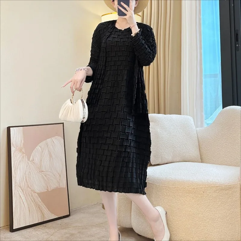 مياكي مطوي المرأة سترة علوية سترة طويلة الأكمام جديد بسط فستان أنيق 2 قطع كبيرة الحجم مزاجه أضعاف تنورة طويلة