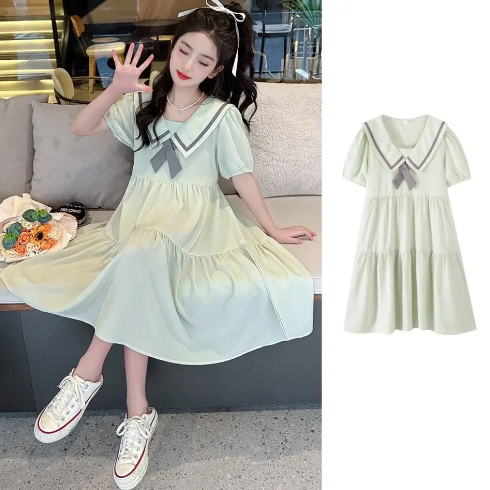 

Elegant Bowknot Girl Princess Dress Preppy Style Loose Teenagers Dresses Sweet Puff Short Sleeve Children Bubble Dress Kids