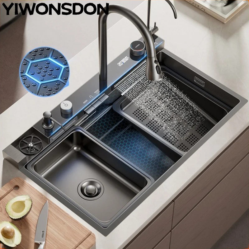 Silvery Nano Multifunctional Kitchen Sink Large Single Slot Digital Display Waterfall Faucet Soap Dispenser Cup Washer Pure Tap