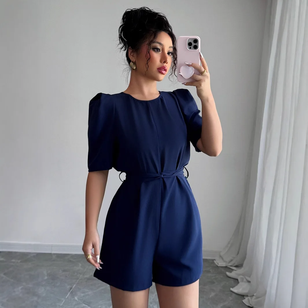 

2025 Women's Clothing Simple Puff Sleeve Solid Color Shorts Jumpsuit Rompers