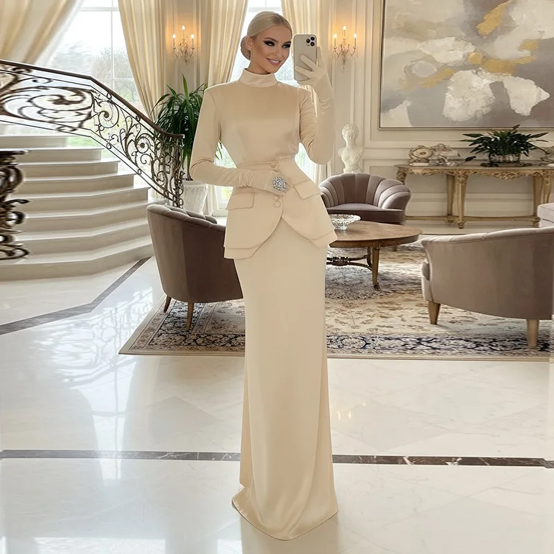 

Elegant Long Sleeve High Waist Dress Set with Waist Seal Design Pure Color Midi Skirt Fashionable Women's Ensemble 2026 New A...