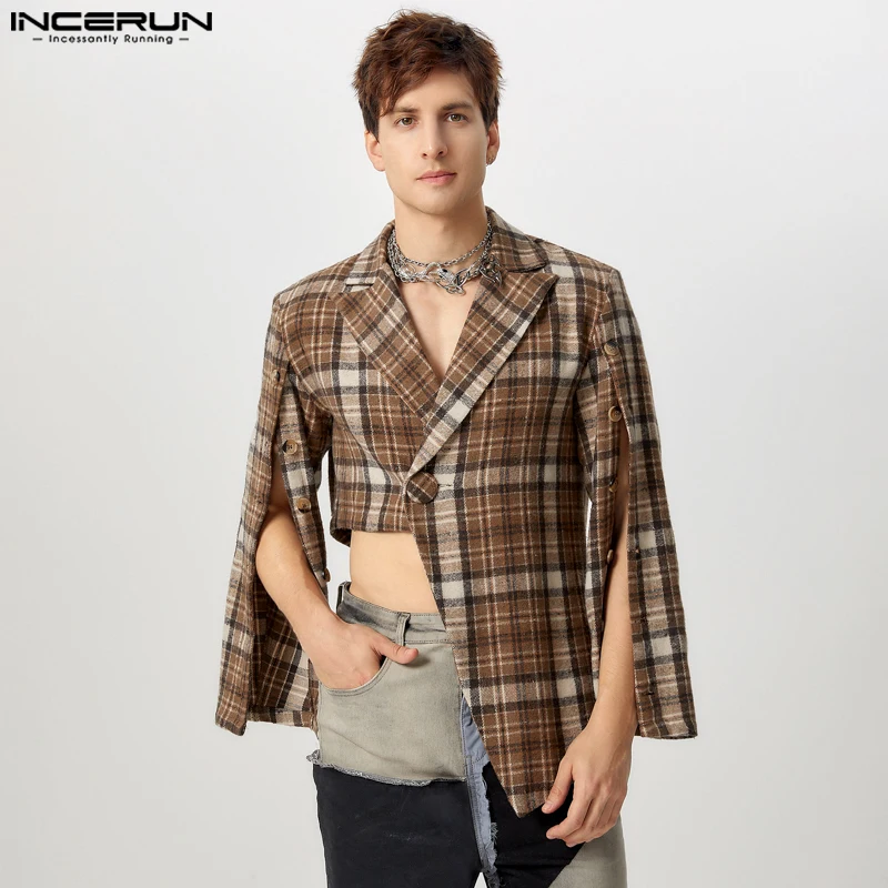 Fashion Casual Style Tops INCERUN New Men's Single Buckle Design Suit Handsome Male Slit Irregular Hem Plaid Long Sleeved Blazer