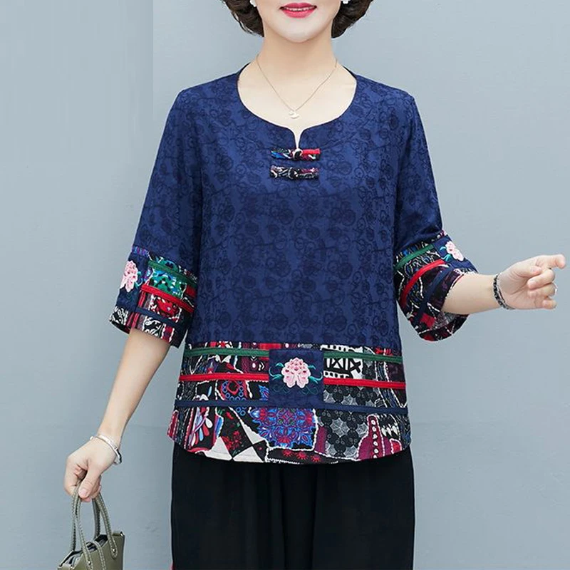 New Women Vintage Chinese Ethnic Style Embroidery Blouses Fashion Elegant Print Cotton Linen Shirts Ladies 3/4 Sleeve Loose Tops