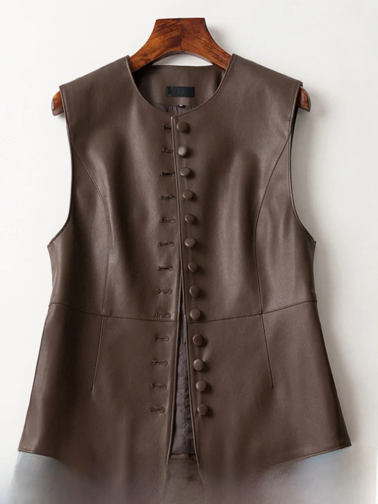 

Новая осенняя женская кожаная жилетка из овчины 2025 года, с круглым вырезом, на одной пуговице, для повседневной носки