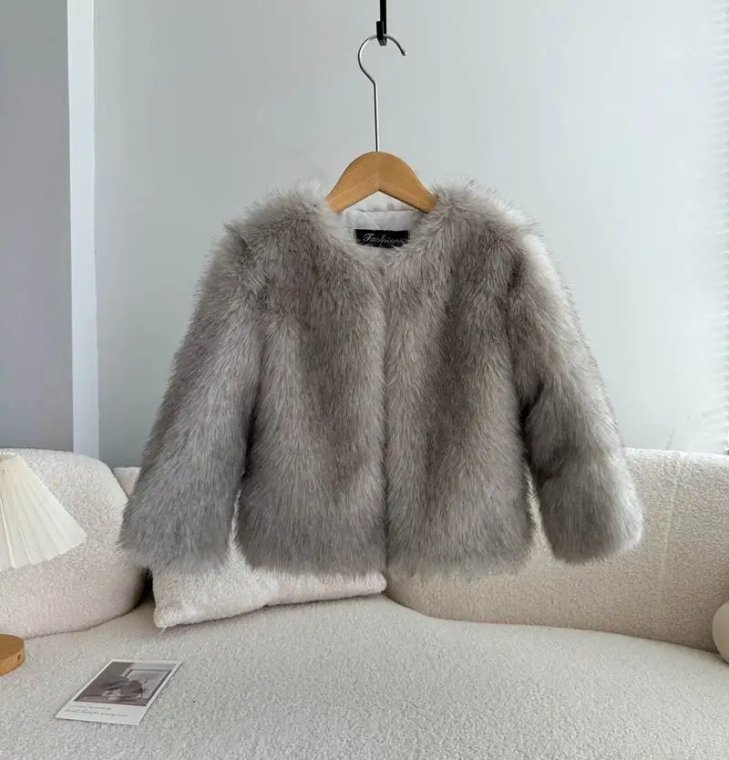 

Children Faux Fox Fur Coats Short Fur Jacket Round Neck Long Sleeve Coverd Button Thick Warm Fur Loose Casual 2025 Autumn Winter