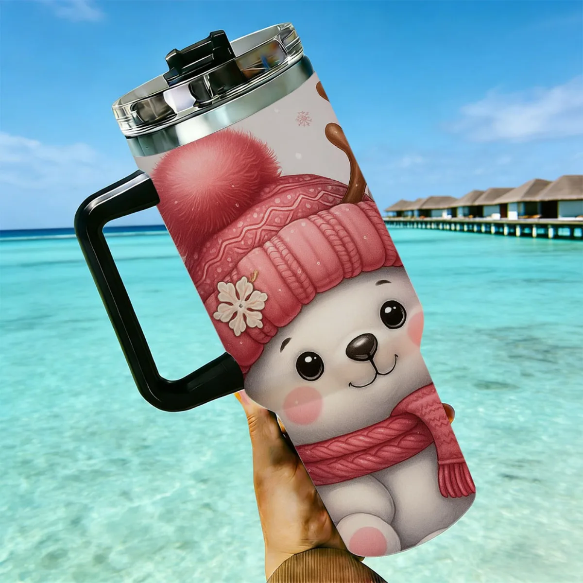 40oz Cute Winter Bear Snowman Lantern Berry Snowflake Print Insulated Stainless Steel Travel Tumbler With Handle Large Thermal Cup Christmas Holiday Gift