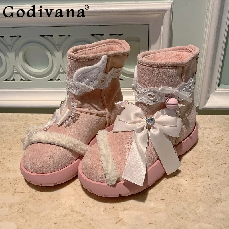 

College Style Sweet Short Boots for Women Original Leather Pink Bow Sweet Boots Female Thickened Warm Cute Snow Boots