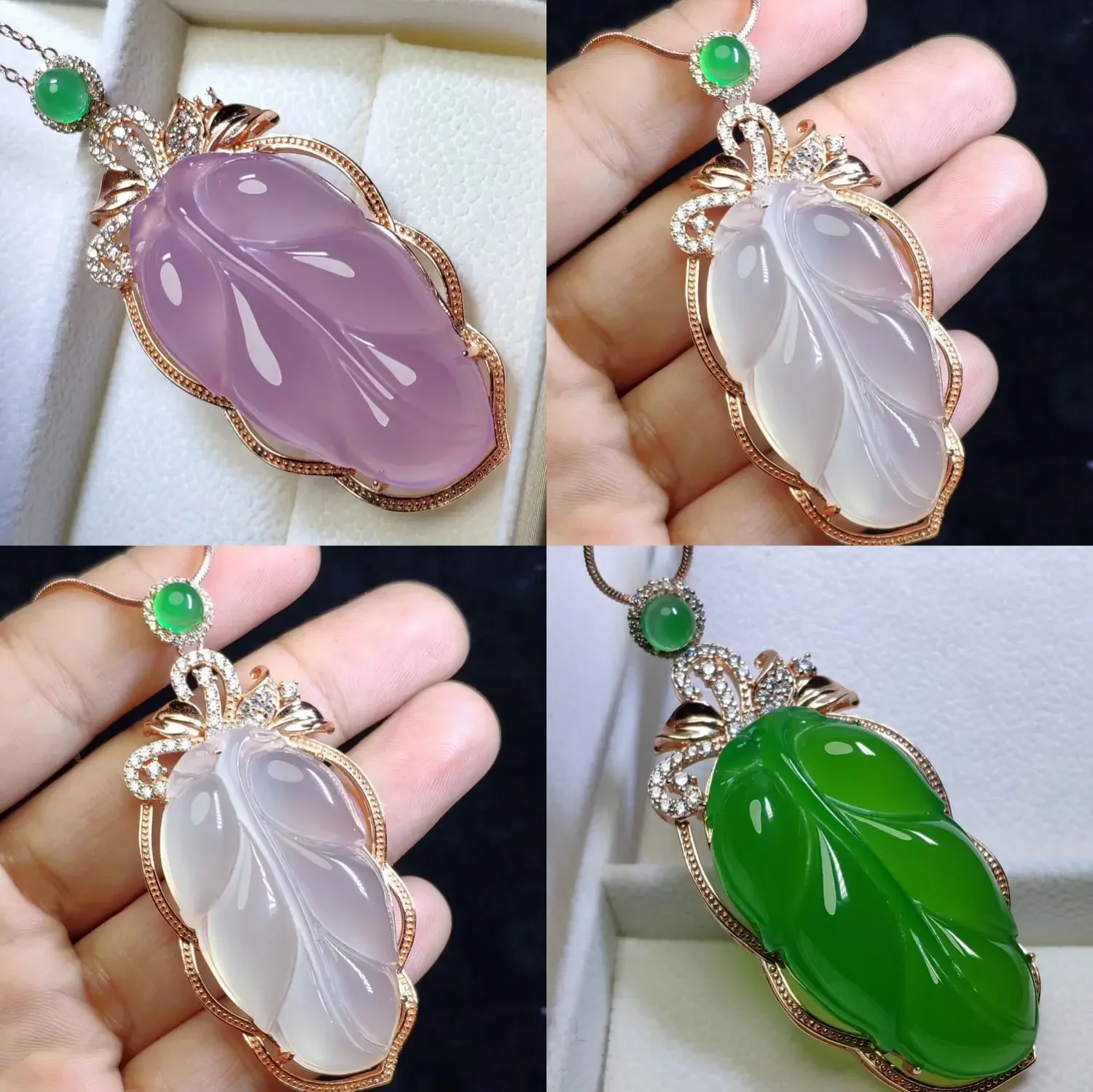 

Natural chalcedony ice green chalcedony agate gold branch jade leaf pendant necklace