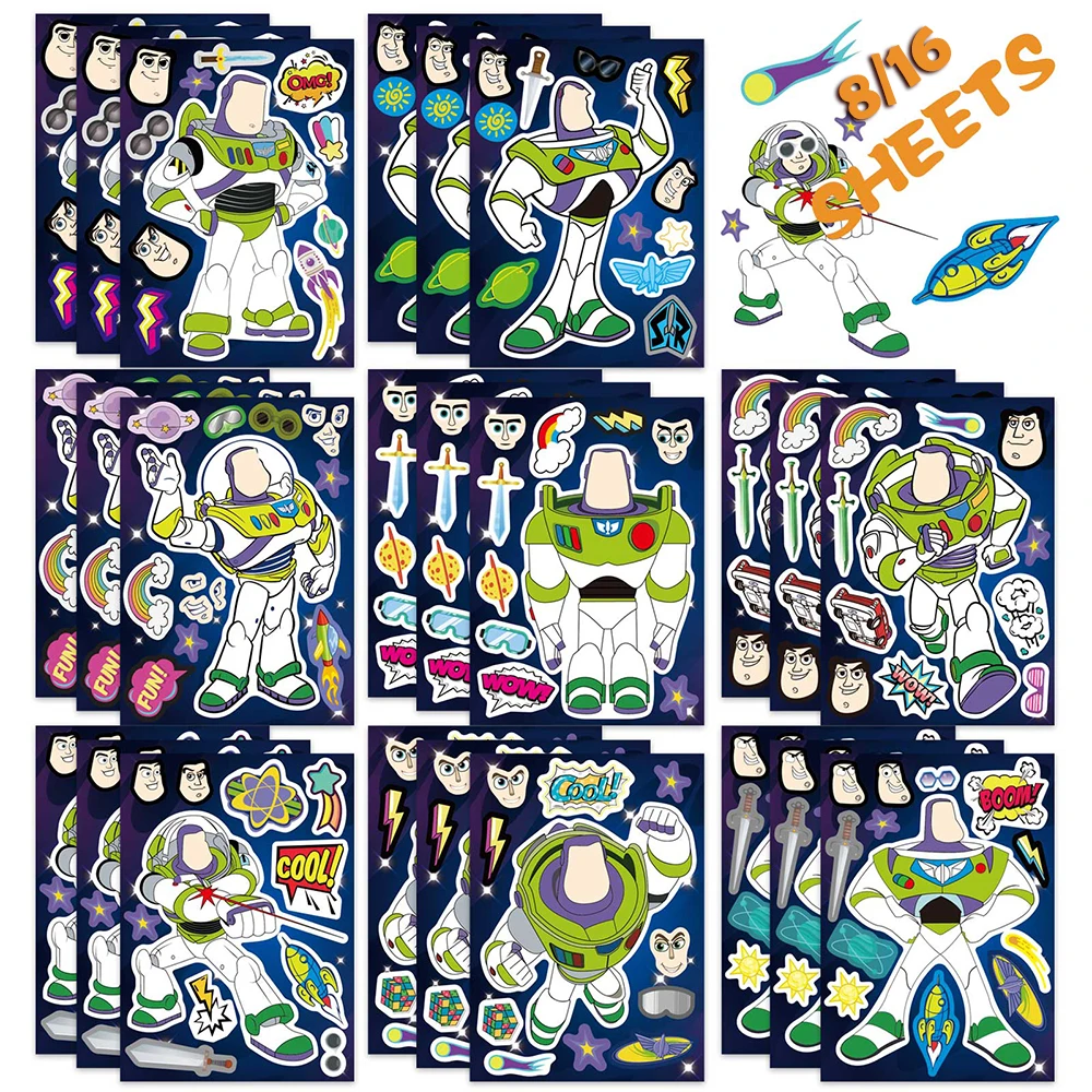 

8/16Sheets Disney Toy Story Puzzle Stickers Make Your Own Buzz Lightyear Kids Toys Game Make A Face Assemble Jigsaw For Children