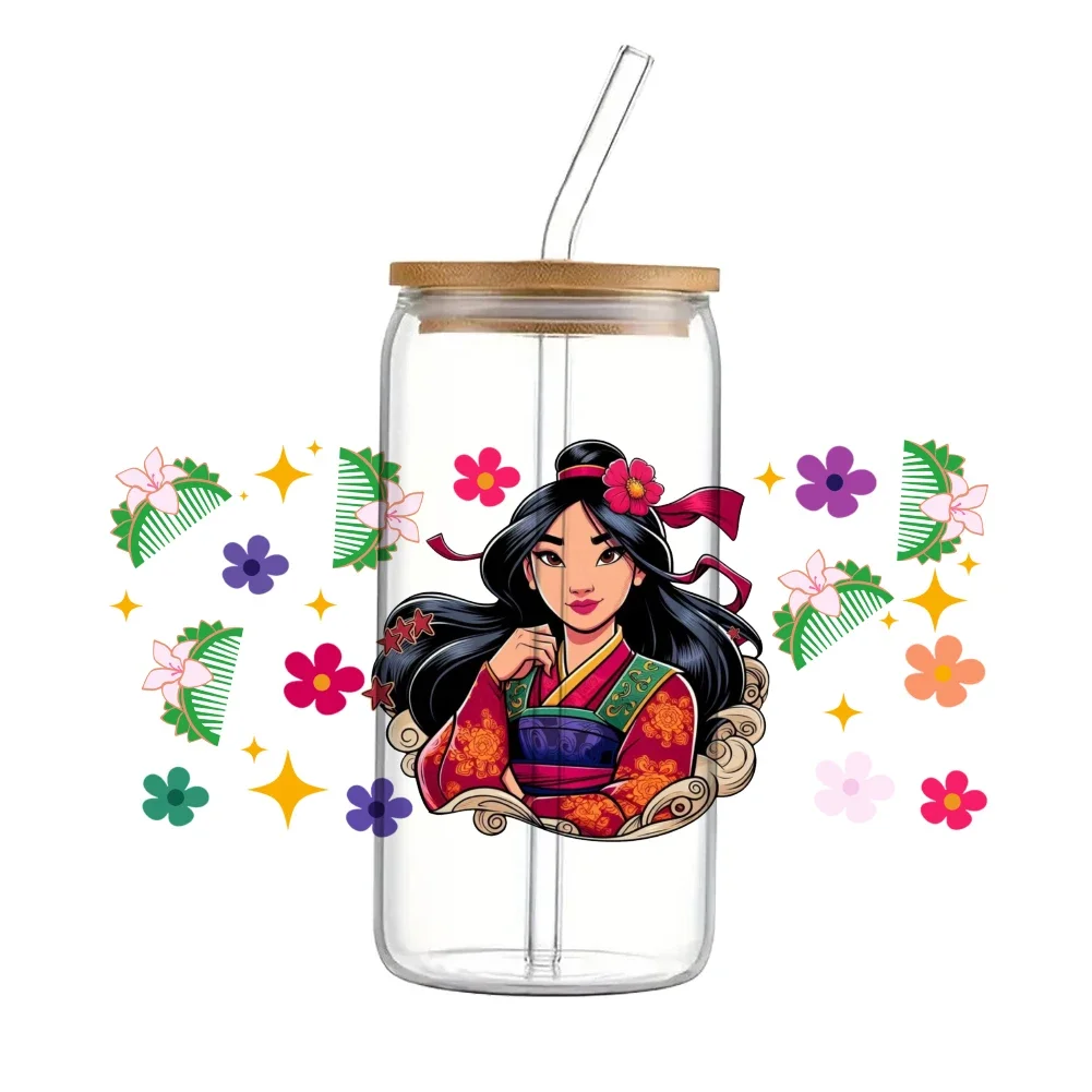 디즈니 Hua Mulan 만화 공주 UV DTF 전사 스티커, 방수 전사 데칼, 16oz 유리 컵 랩 스티커