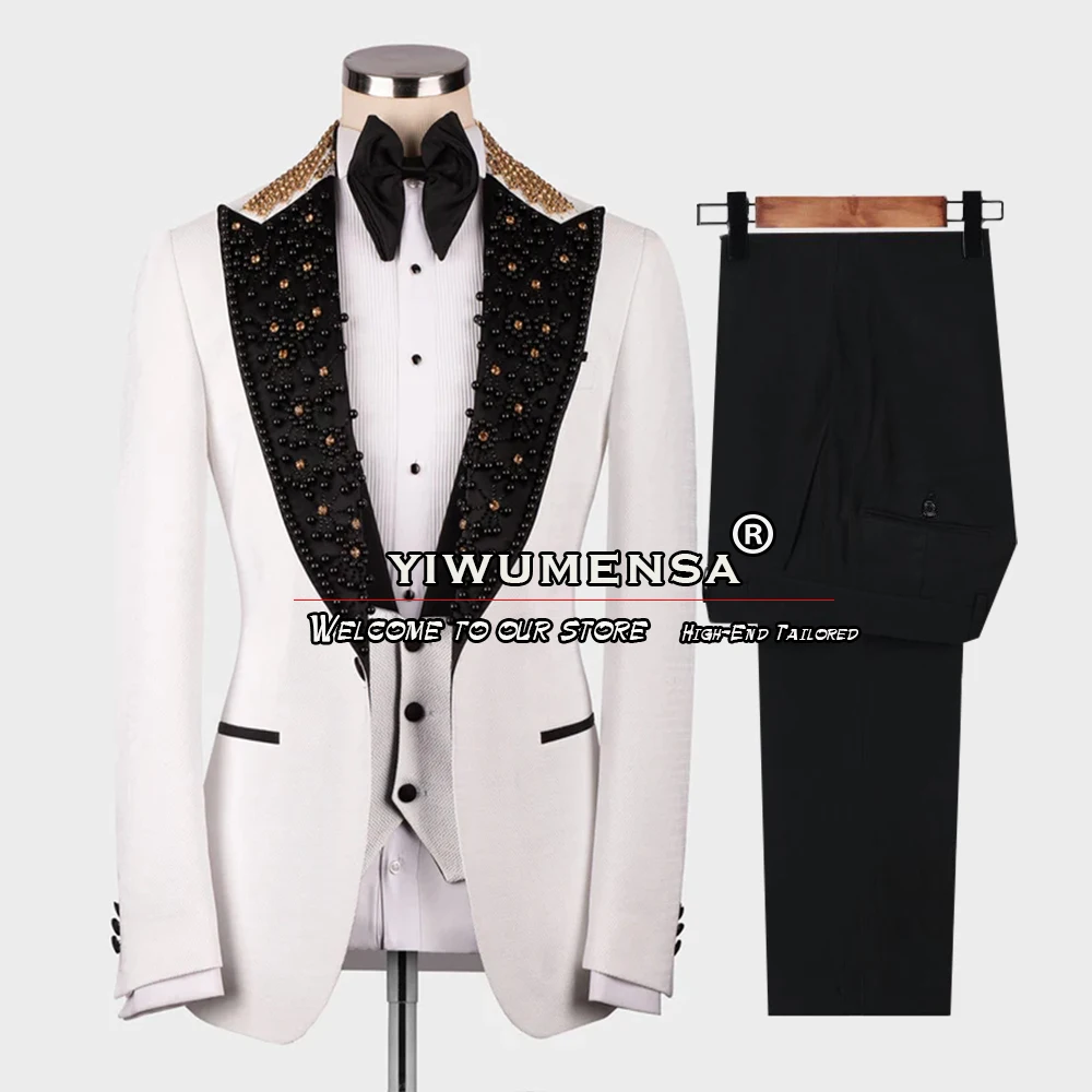 

Luxury Men's Suits Groom Wear Wedding Tuxedo Black/Gold Pearls Lapel Blazer Tailore Made Formal Banquet Male Prom Dress Elegant