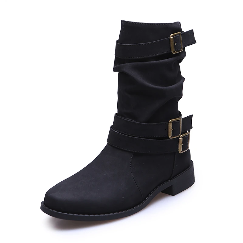 Women's Adjust Buckle Wide-Calf Boots Slouchy Mid-calf Boots Comfortable Elegant High Boots Autumn Winter Soft Leather Boots