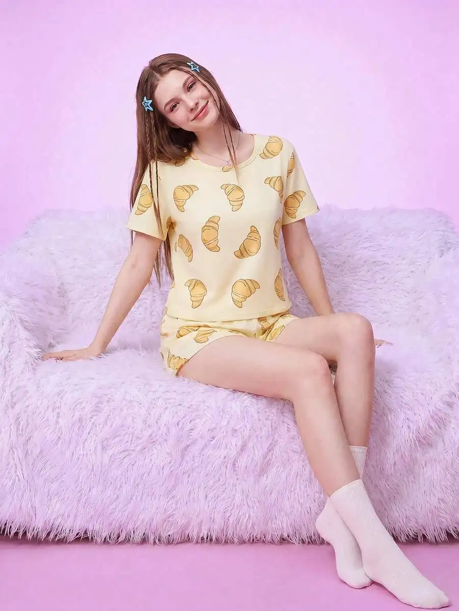 

2-Piece Croissant Print Short Sleeve Pajama Set For Women