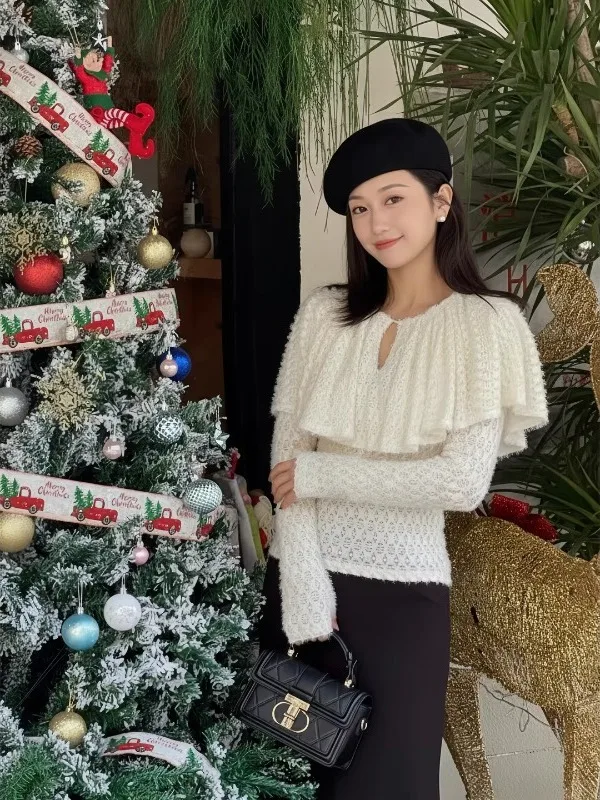 Ele Romantic Women's Cloak Unique Design Autumn Winter New Sle Commute Straight Tube Long Sve round Ne Cover up