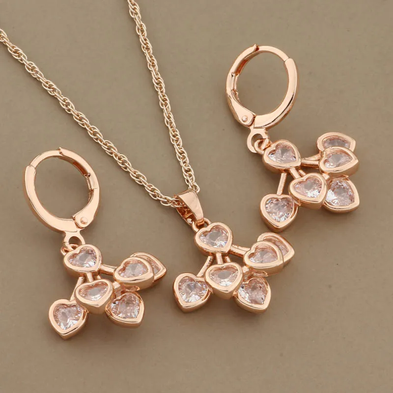 New Trendy 585 Rose Gold Color Earrings And Pendant Sets for Women Natural Zircon Wedding Jewelry Sets