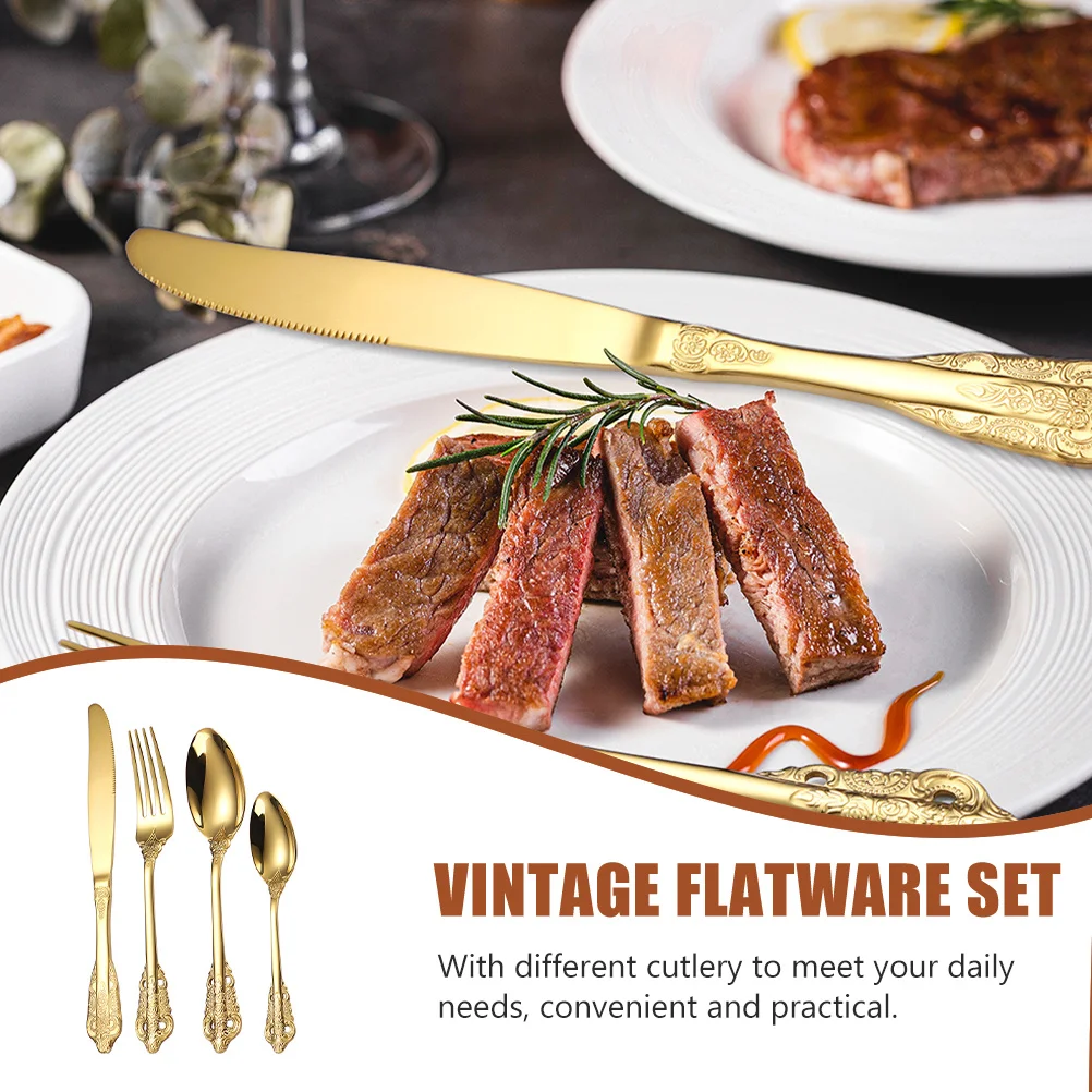 

1 set Vintage Embossed Set Stainless Steel Cutlery Dinnerware Flatware Practical Serving Utensil Serving Kitchen Silverware