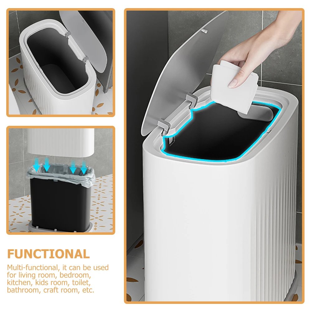 

Stylish Slim Trash Can with Press Lid Multi Functional Use in Kitchen Bathroom Kids Room Craft Room Covered Garbage Container