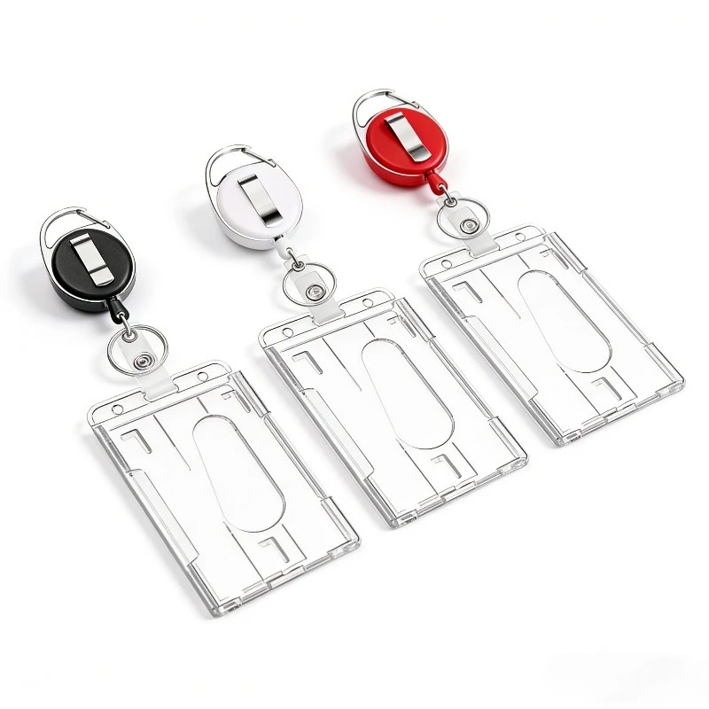 1pc Badge Holder Vertical Dual Cards Hold Badge Holder with Thumb Slot Hard Plastic Working Permit Case Retractable Badge Reel