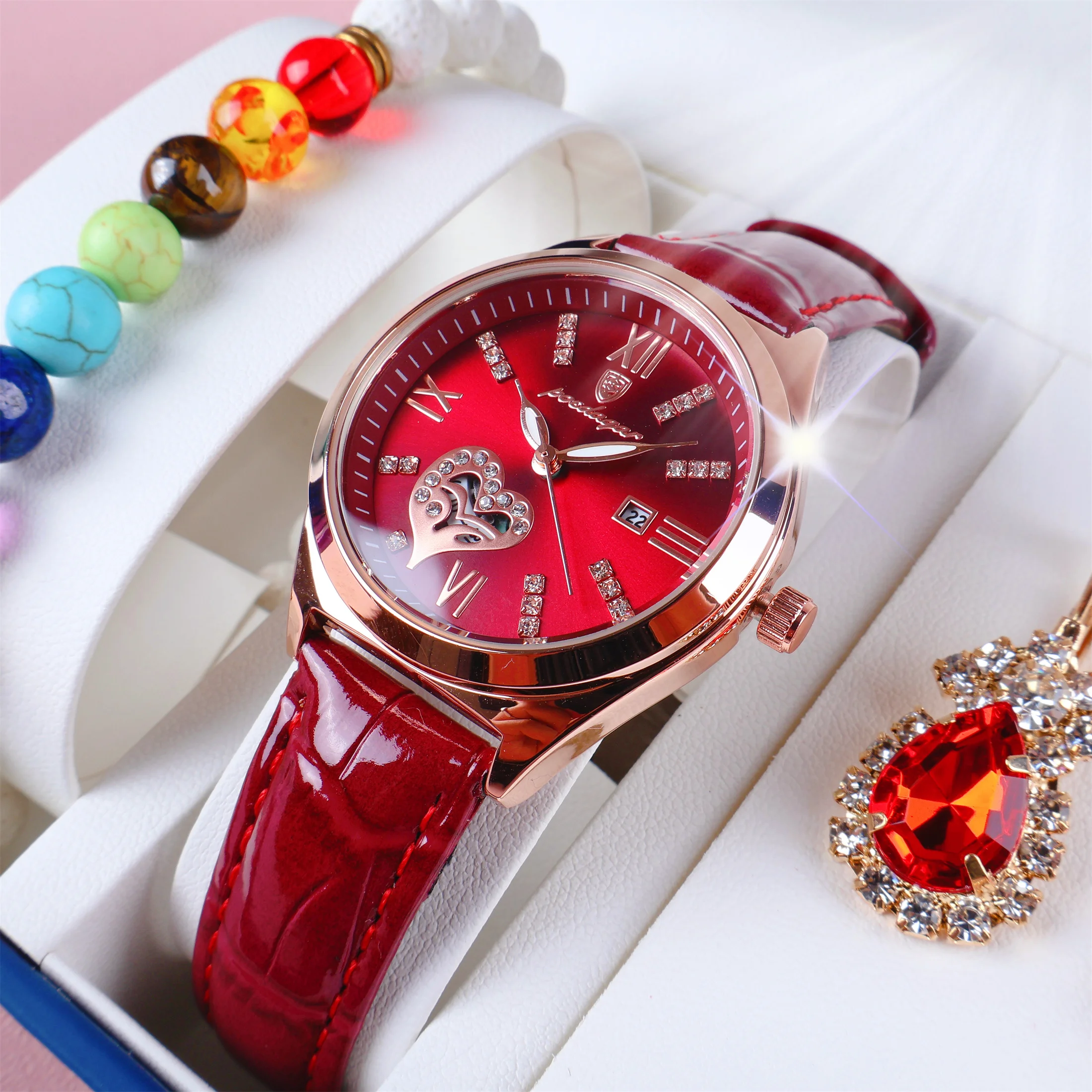 7PCS Set Watch Women Ring Necklace Earrings Rhinestone Fashion Wristwatch Female Casual Ladies Watches Bracelet Set Clock A4403