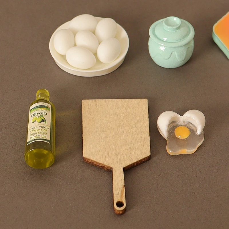 Mini Kitchen Food Toy Set, Dollhouse, Ovo, Frasco de Azeite, Tábua de Cortar, Bonecas Modelo, House Decor Acessórios, 1:12