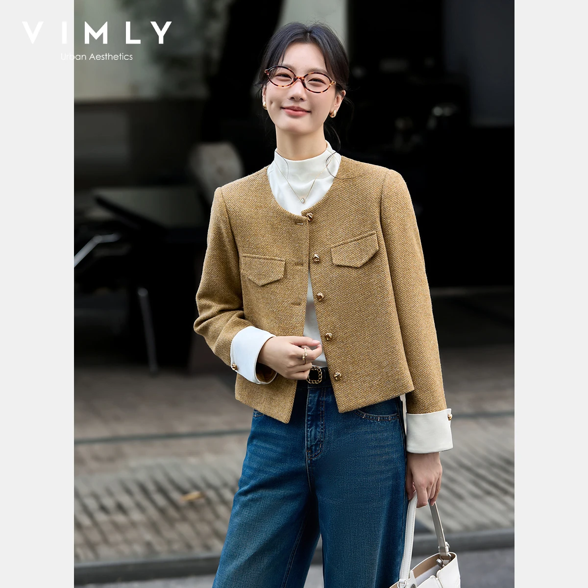 

VIMLY Brown Short Jackets Women Winter 2025 Small Fragrance Full Sleeve Ladies Coats Round Neck Patchwork Female Outerwear A3021