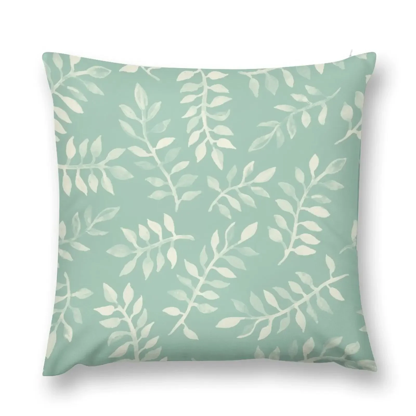 

Painted Leaves - a pattern in cream on soft mint green Throw Pillow pillow cover christmas Sitting Cushion pillow