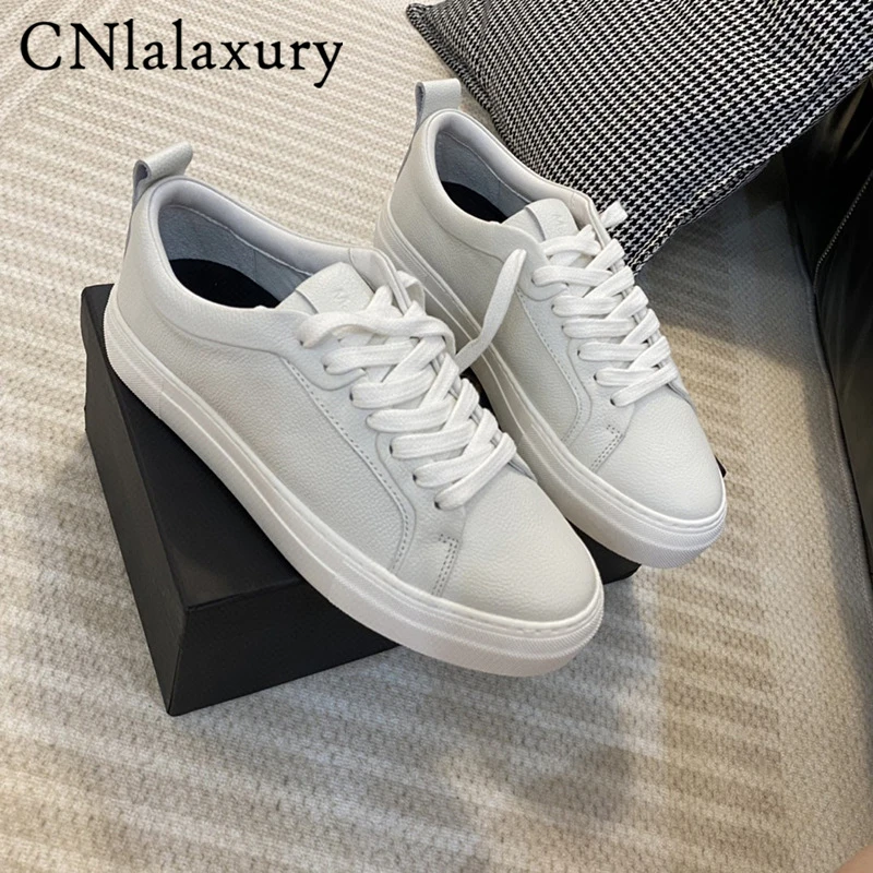 2023 Autumn Women Shoes Fashion Genuine Leather Cowhide Casual Vulcanized Pure White Shoes sneakers for women with free shipping