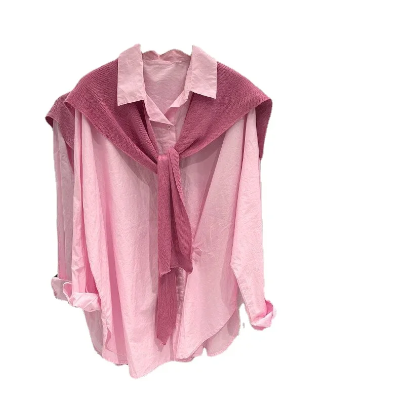 DAYIFUN Women Fake Two-piece Shirts Solid Fashion Style Oversize Casual Blusas Lapel Buttons Asymmetrical Long Sleeve Blouses