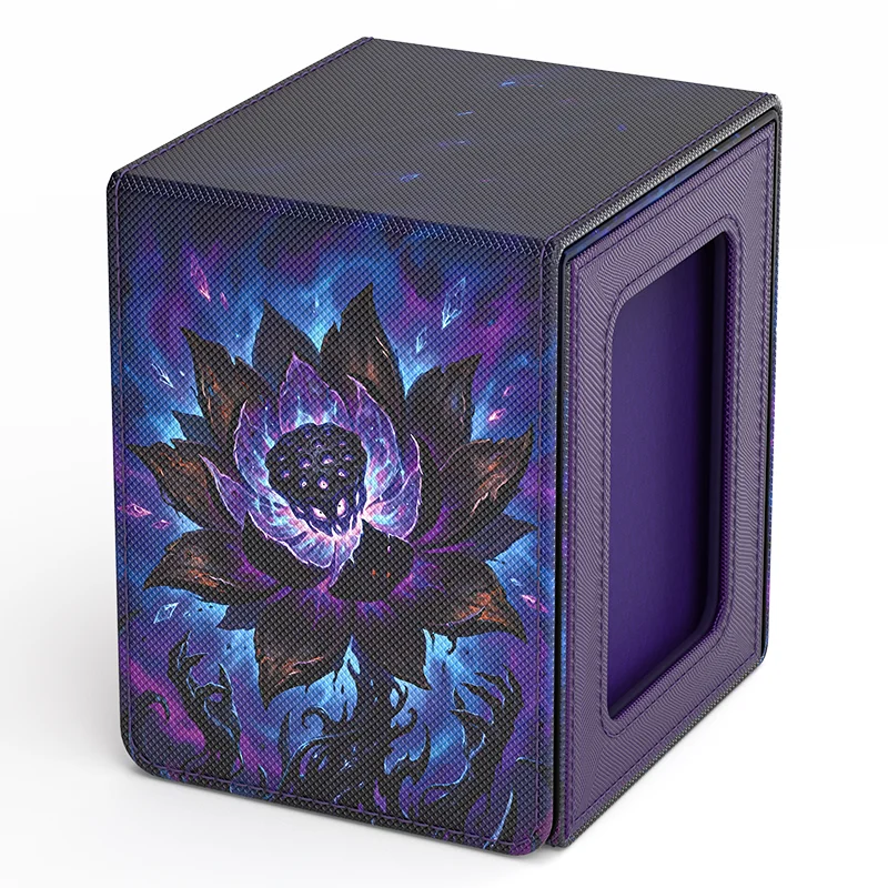Card Deck Box for Lotus Pattern Print Cards with Display Window, Hold 100+ Double-Sleeved Cards, PU Leather, Fits CCG/TCG Cards